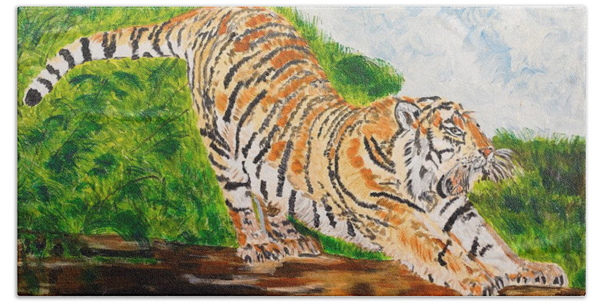 Cat Beach Sheet featuring the painting Tiger Stretching by Valerie Ornstein