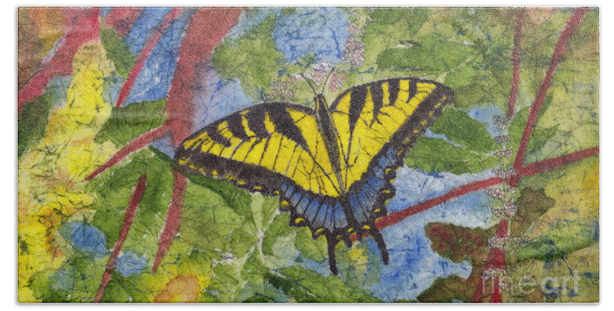 Tiger Swallowtail Beach Towel featuring the painting Tiger Swallowtail Watercolor Batik on Rice Paper by Conni Schaftenaar