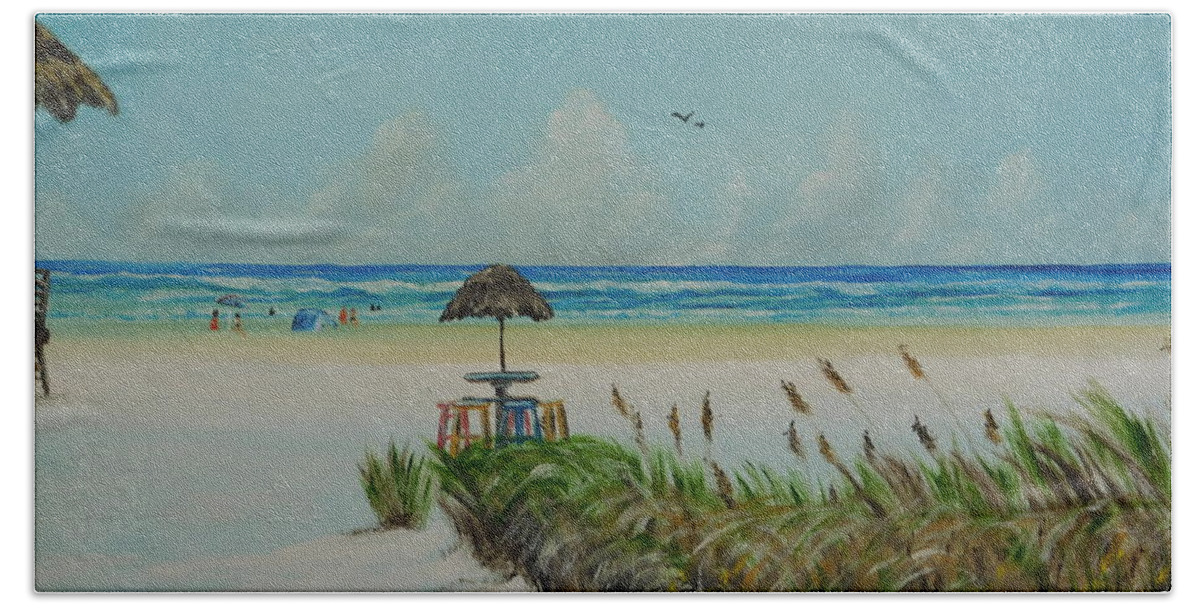 Tiki Bar Beach Towel featuring the painting Tiki Bar On The Gulf by Lloyd Dobson