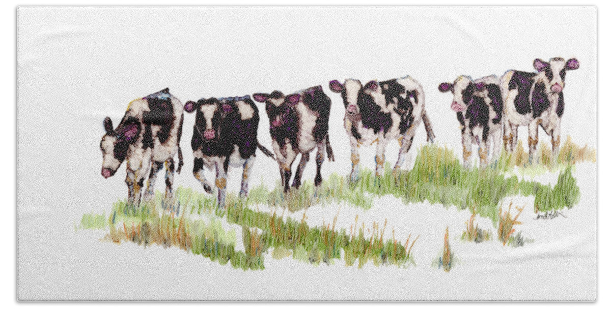 Woolyfrogarts Beach Towel featuring the mixed media Till the Cows... by Jan Killian