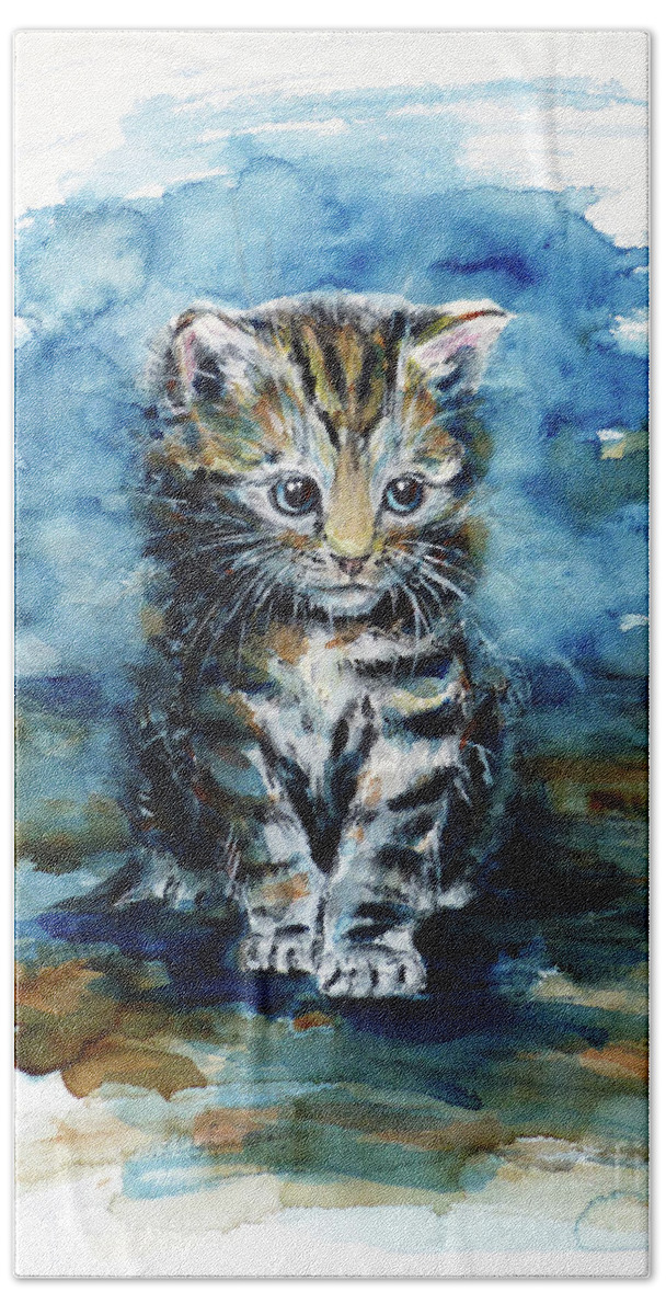 Timid Kitten Beach Sheet featuring the painting Timid Kitten by Zaira Dzhaubaeva