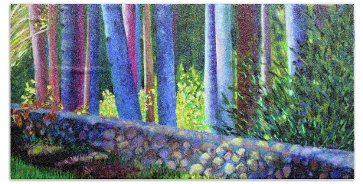 Blue Trees Beach Sheet featuring the pastel To the Left of the Entrance to New Pond Farm by Polly Castor