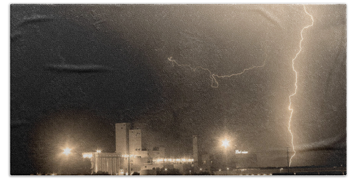 Budweiser Beach Towel featuring the photograph To The Right Budweiser Lightning Strike Sepia by James BO Insogna