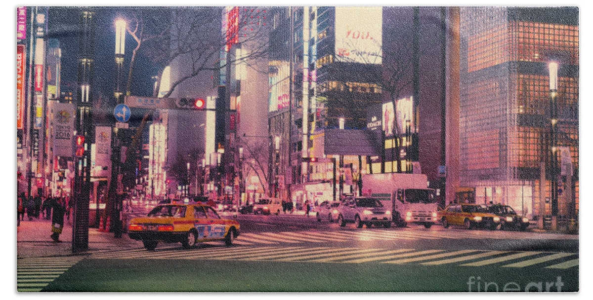 Tokyo Beach Towel featuring the photograph Tokyo Street at Night, Japan 2 by Perry Rodriguez