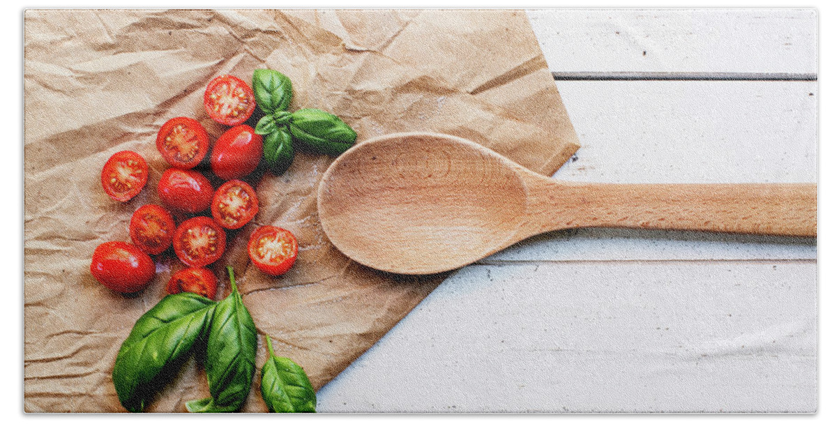 Vegetables Beach Sheet featuring the photograph Tomatoes on Wooden Spoon Still Life by Rebecca Cozart