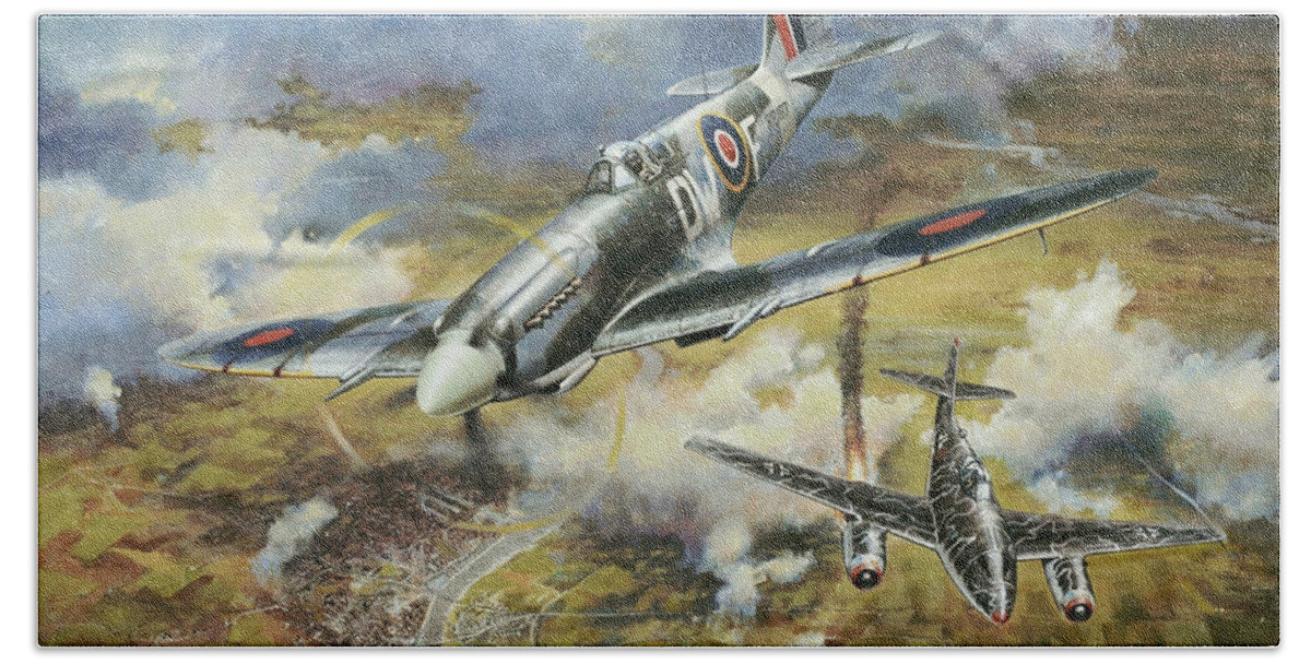 Spitfire. Tony Gaze. Me262. Spitfire Mk Xiv. Messerschmidt 262. Flying Mkxiv Spitfire Shot Down Me262 St Valentine’s Day 14th Feb 1945 Beach Towel featuring the painting Tony Gaze unsung hero by Colin Parker