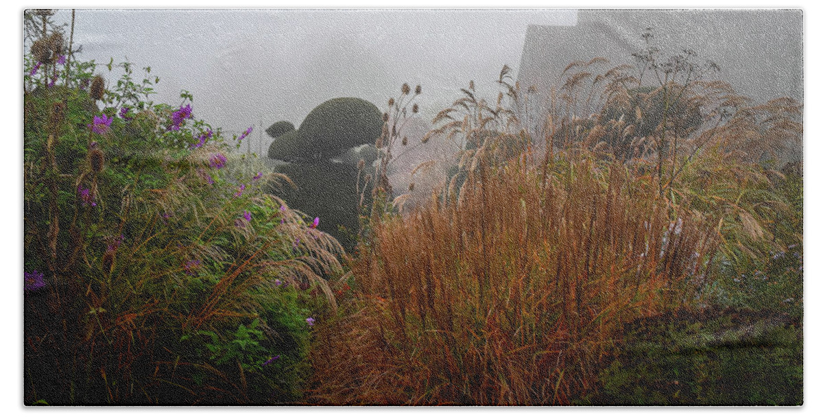 Topiary Beach Towel featuring the photograph Topiary Peacocks in the Autumn Mist, Great Dixter 2 by Perry Rodriguez