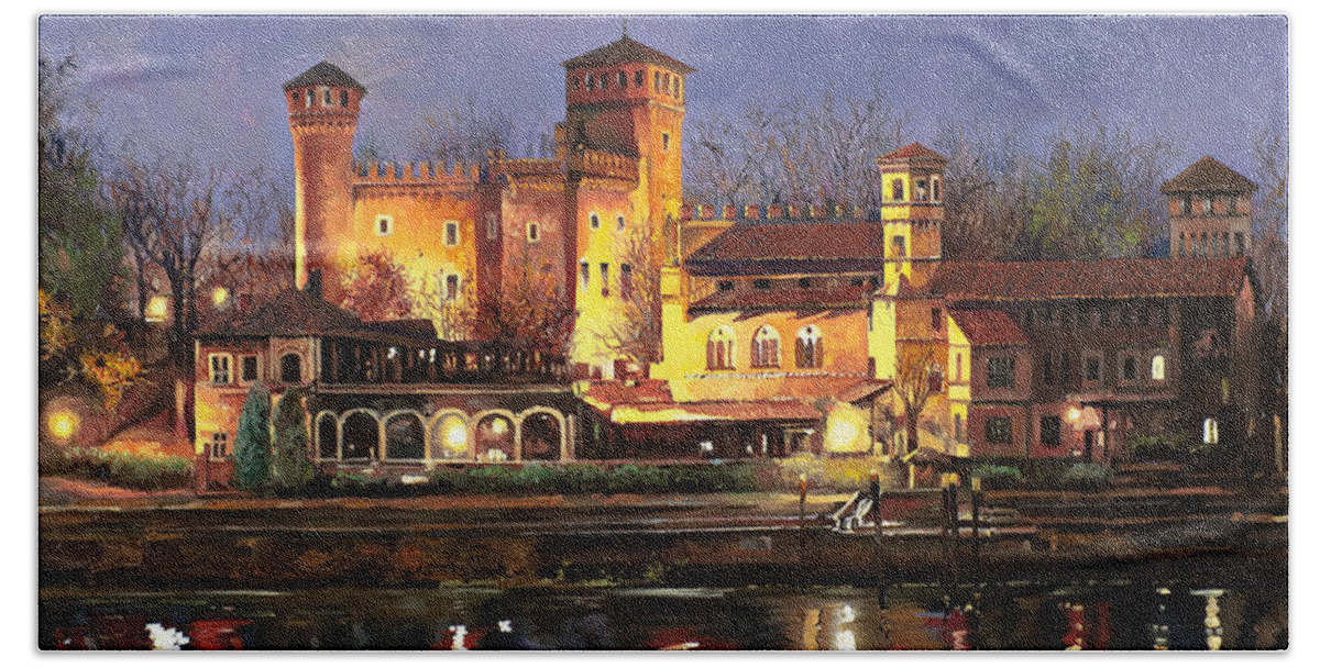 Castle Beach Towel featuring the painting Torino-il borgo medioevale di notte by Guido Borelli