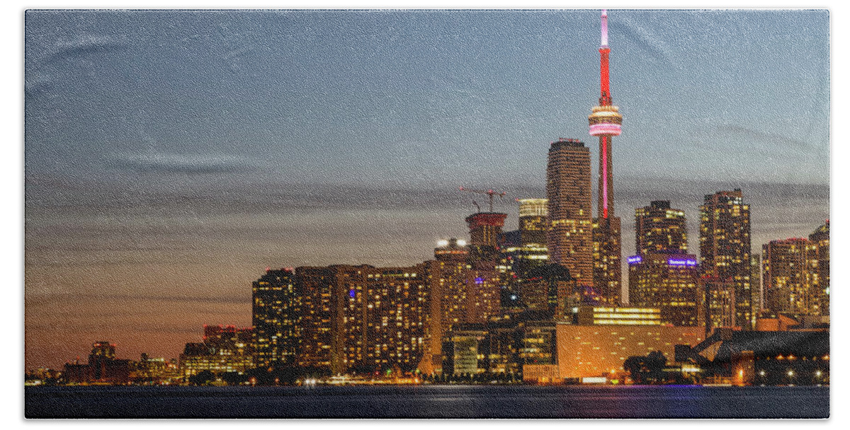 3scape Beach Towel featuring the photograph Toronto Skyline at Dusk by Adam Romanowicz