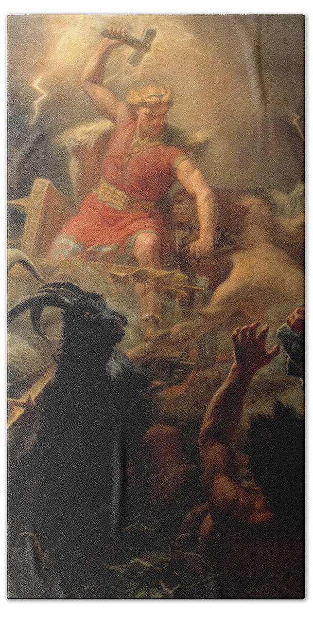 Swedish Art Beach Towel featuring the painting Tor's Fight with the Giants by Marten Eskil Winge
