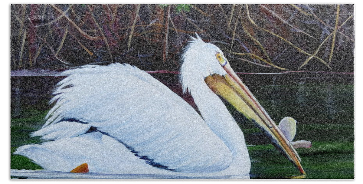 Pelican Beach Towel featuring the painting Touring Pelican by Marilyn McNish