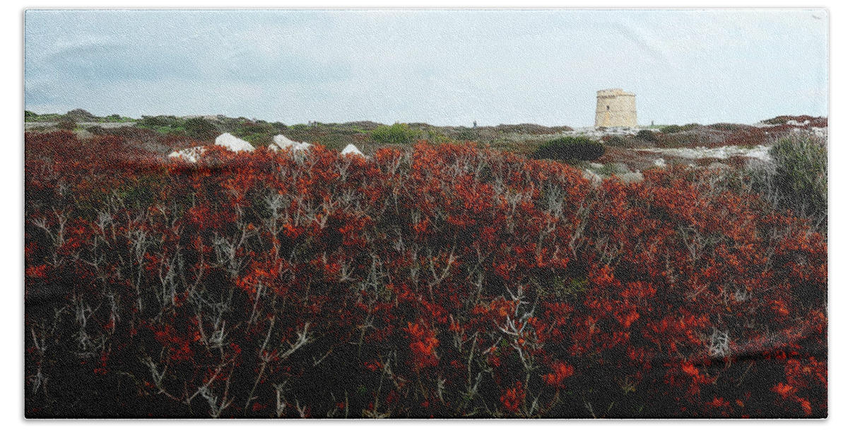  Beach Towel featuring the photograph Tower in red landscape by Pedro Cardona Llambias