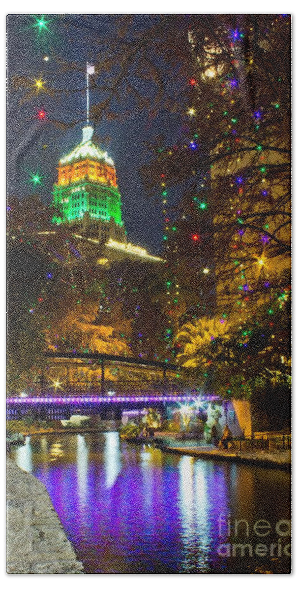 Michael Tidwell Photography Beach Towel featuring the photograph Tower Life Riverwalk Christmas by Michael Tidwell