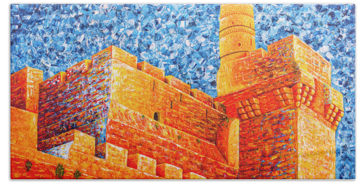 Tower Of David Beach Towel featuring the painting Tower of David at Night Jerusalem original palette knife painting by Georgeta Blanaru