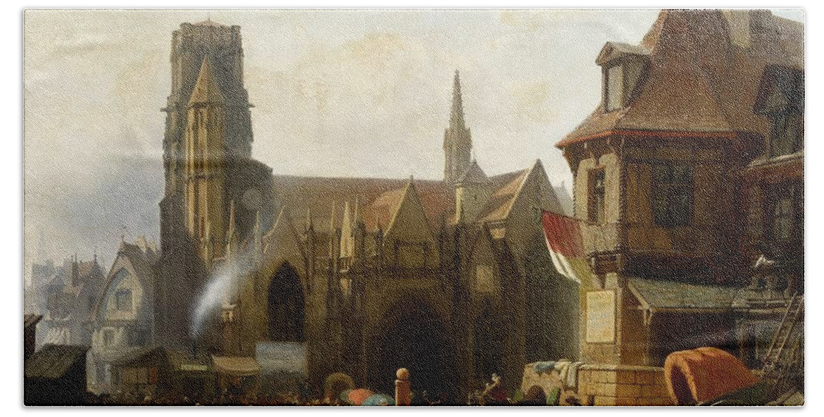Albert Schwendy Beach Towel featuring the painting Town Fair by a Gothic Church in France by MotionAge Designs