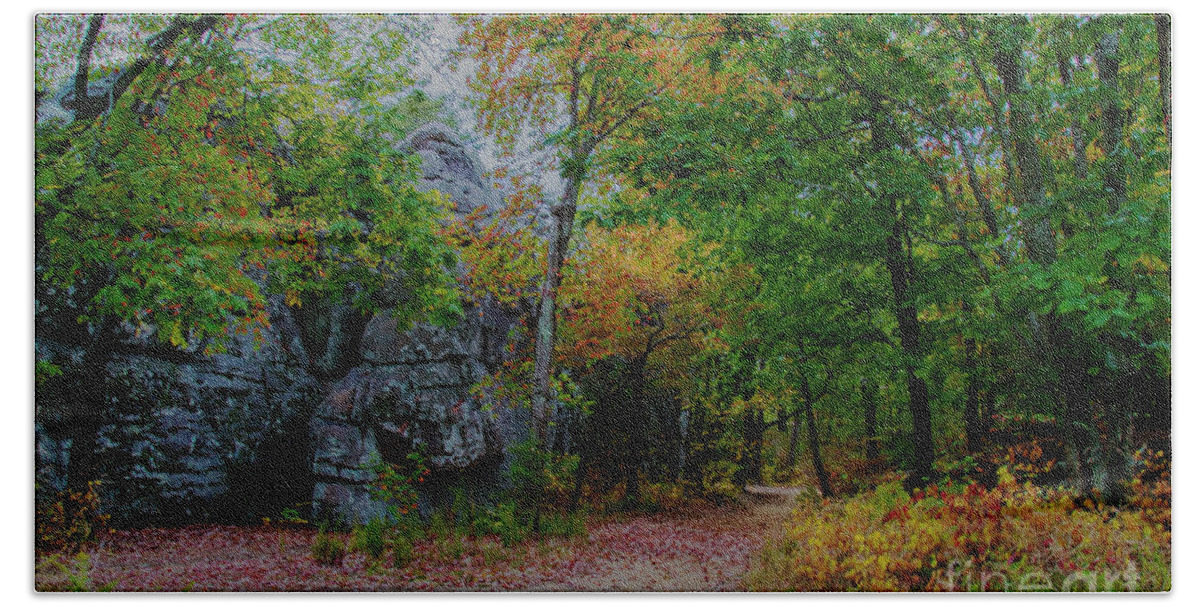 Fall Colors Beach Sheet featuring the photograph Trail past Indian Face Rock by Barbara Bowen
