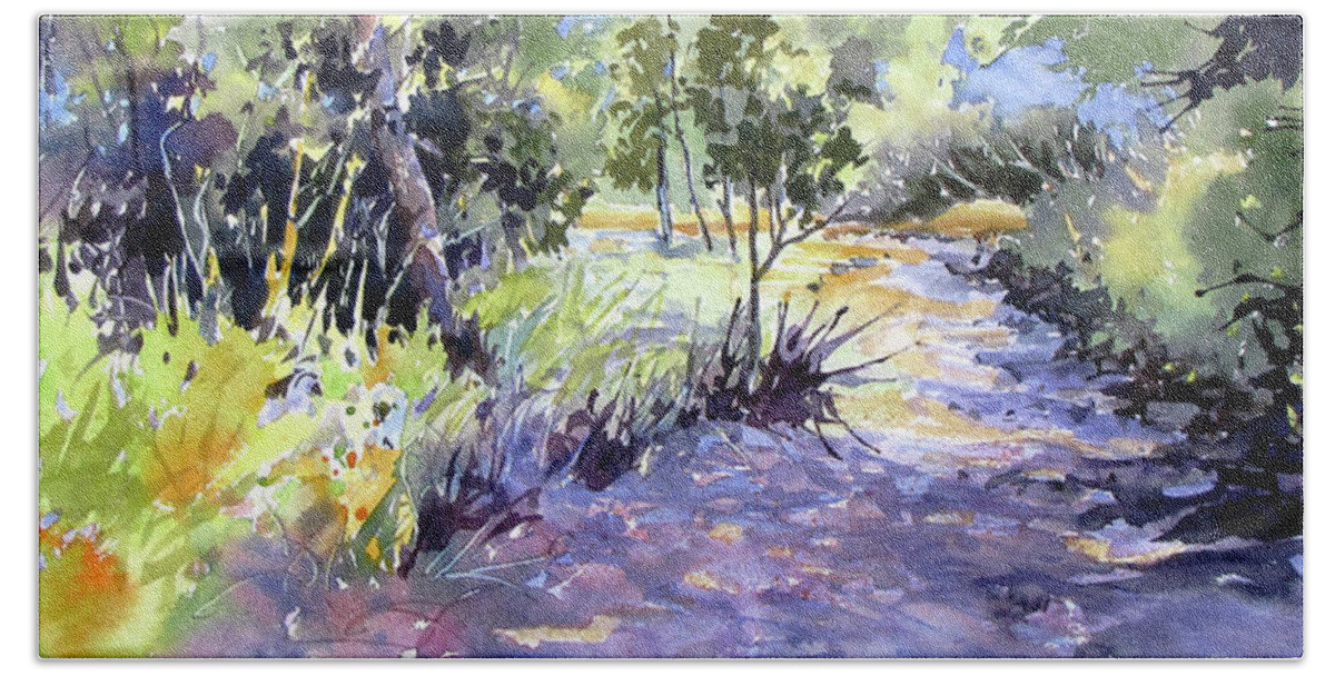 Landscape Beach Sheet featuring the painting Trail Shadows by Rae Andrews