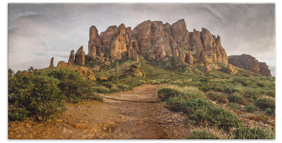 Superstition Mountains Beach Towel featuring the photograph Trail to Superstitions 2 by Greg Nyquist