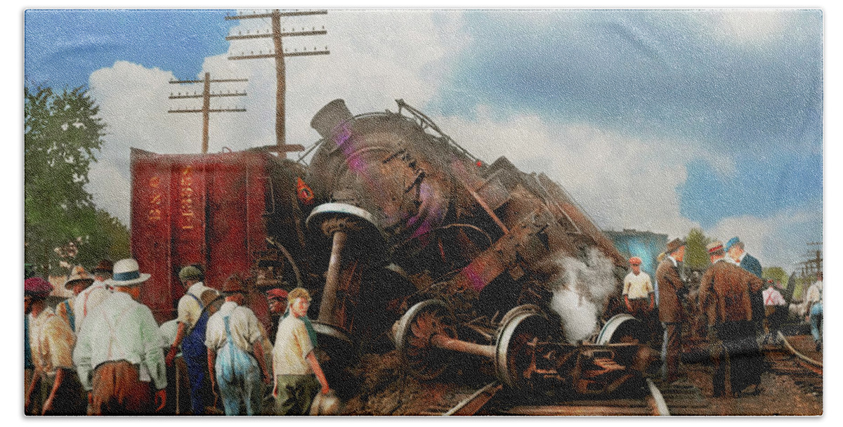 Train Beach Towel featuring the photograph Train - Accident - Butting heads 1922 by Mike Savad