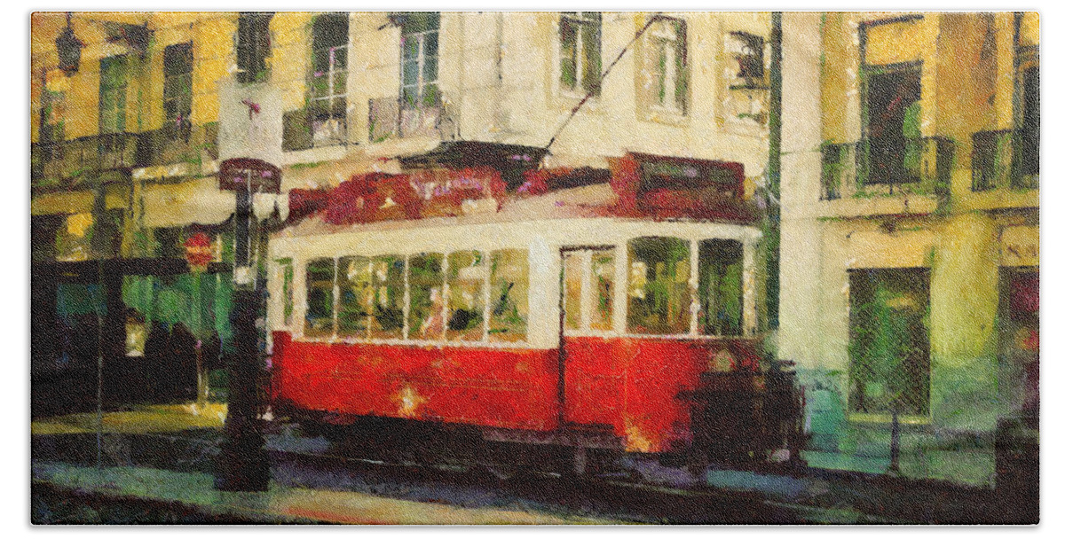 Painting Beach Towel featuring the painting Tram in Lisbon by Dimitar Hristov