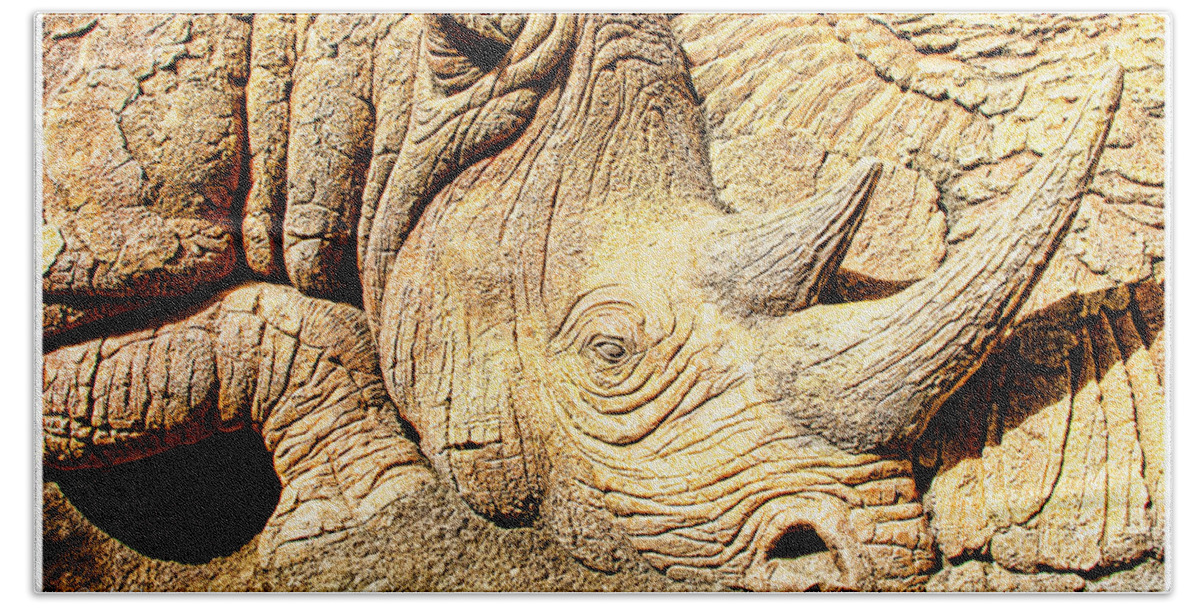 Rhinoceros Beach Towel featuring the photograph Tree of Life Sculpture Rhinoceros, Animal Kingdom, Walt Disney W by A Macarthur Gurmankin