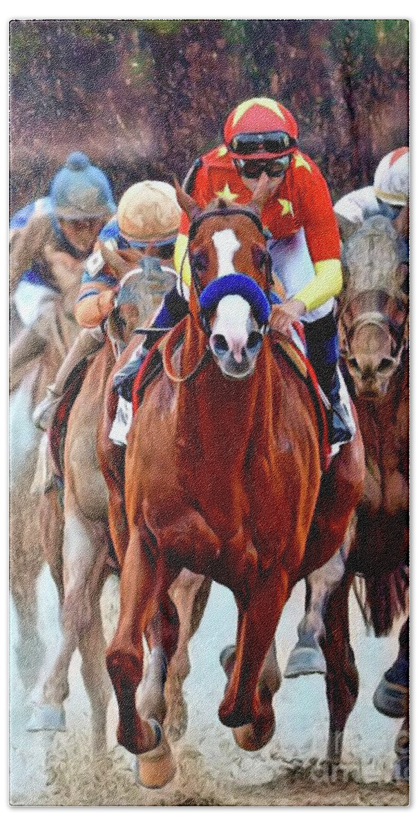 Justify Beach Towel featuring the digital art Triple Crown Winner Justify by CAC Graphics