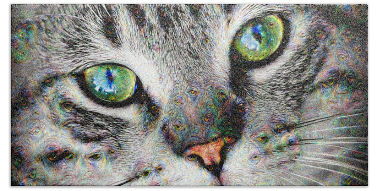 Cat Beach Towel featuring the digital art Trippy deep dream cat portrait by Matthias Hauser