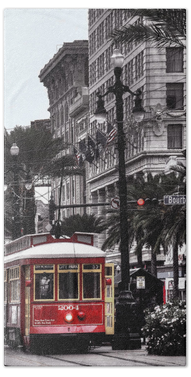 Nola Beach Towel featuring the photograph Trolley on Bourbon and Canal by Tammy Wetzel