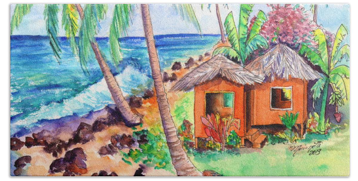 Beach Hut Beach Towel featuring the painting Tropical Beach Hut by Marionette Taboniar