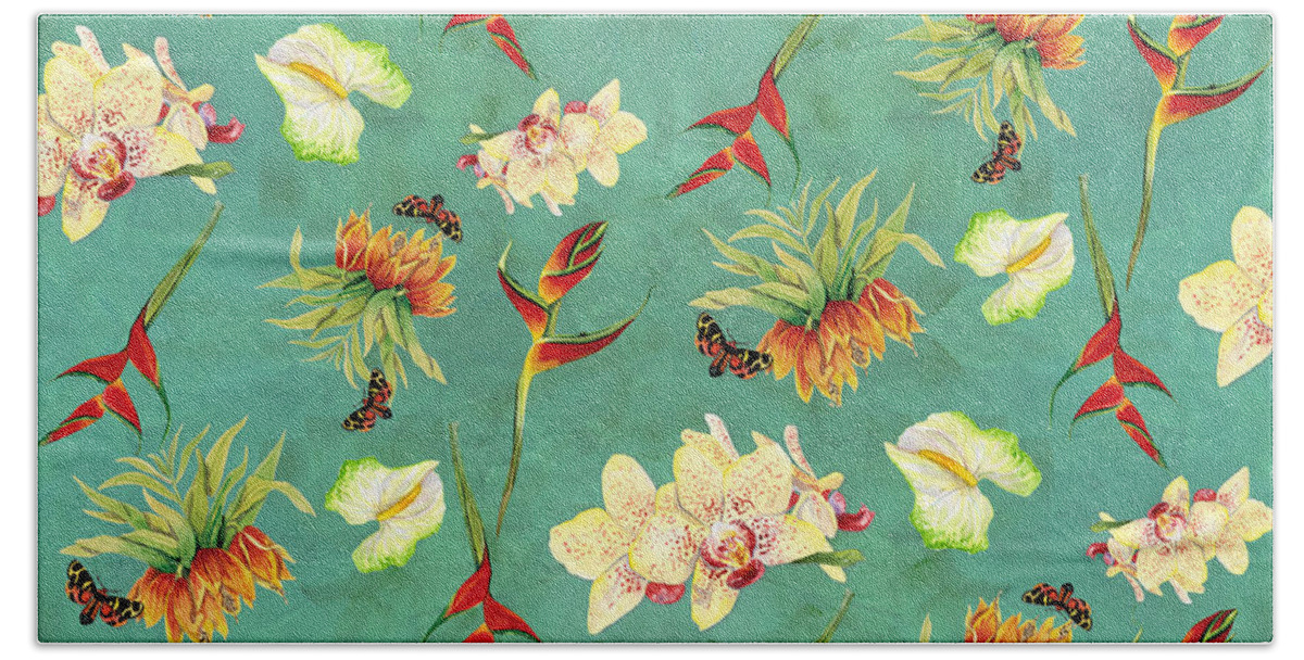 Orchid Beach Towel featuring the painting Tropical Island Floral Half Drop Pattern by Audrey Jeanne Roberts