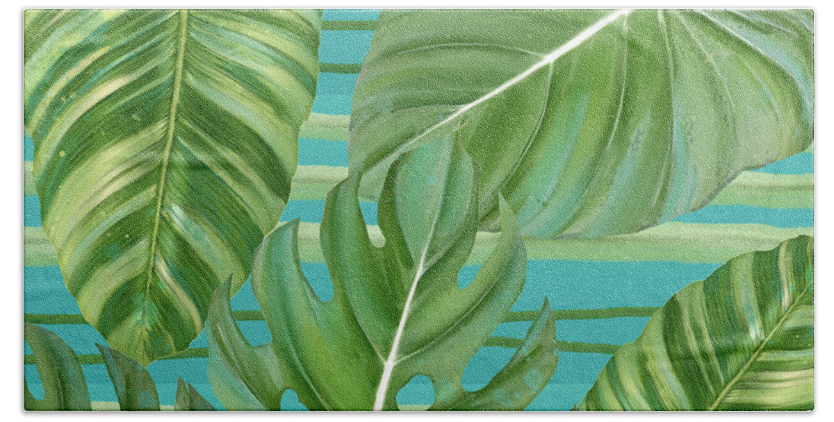 Tropical Beach Towel featuring the painting Tropical Leaf Striped Pattern Teal Turquoise Green by Audrey Jeanne Roberts