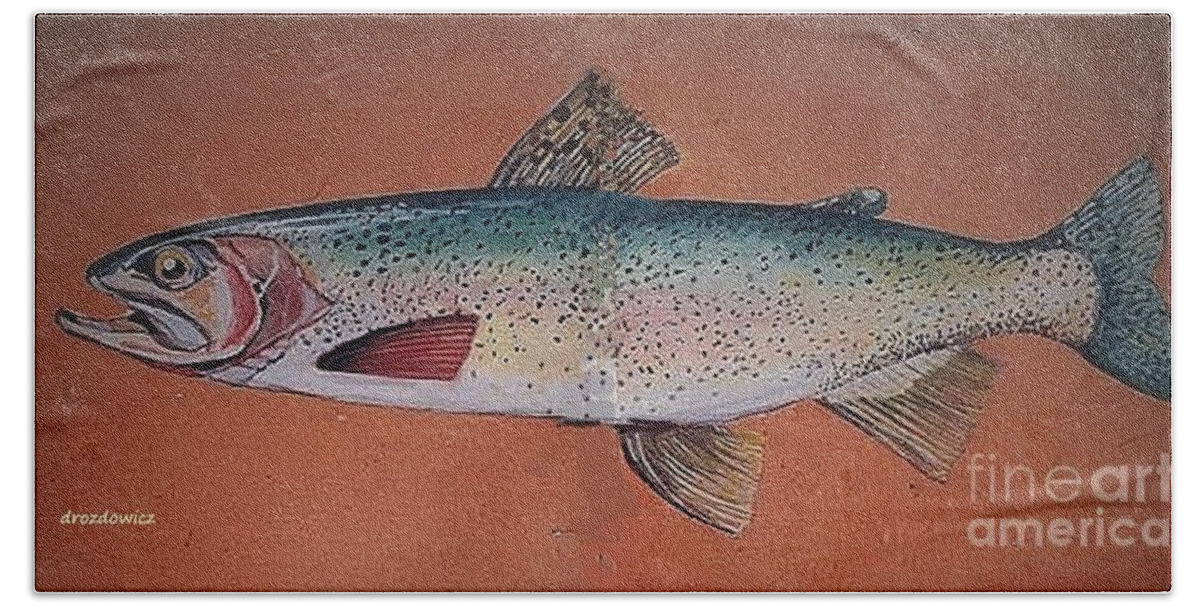 Fishing Sweet Water Fush Beach Towel featuring the painting Trout by Andrew Drozdowicz