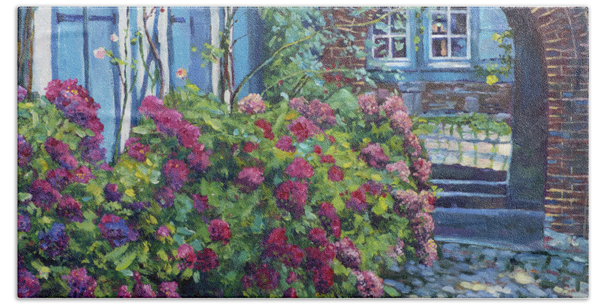 Gardens Beach Towel featuring the painting Tudor Hydrangea Garden by David Lloyd Glover