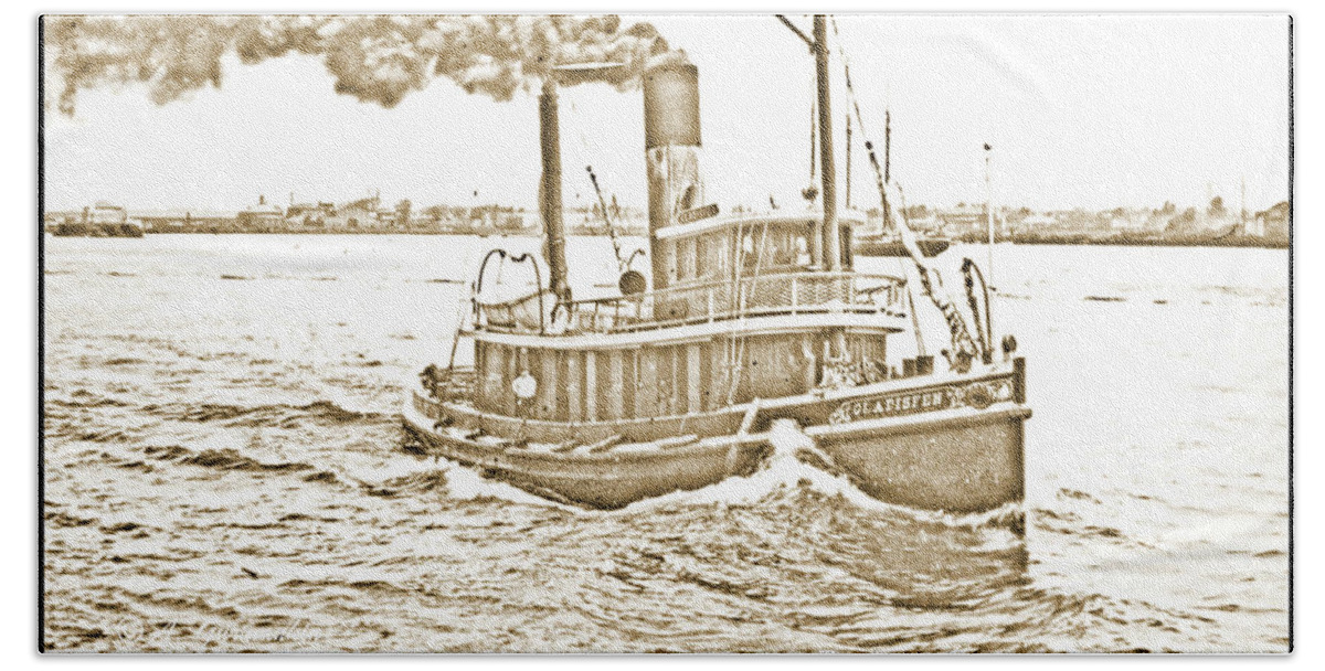 Tugboat Beach Towel featuring the photograph Tugboat Gladisfen, Hudson River, c. 1900, Vintage Photograph by A Macarthur Gurmankin