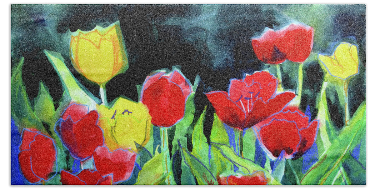 Paintings Beach Sheet featuring the painting Tulip Bed at Dark by Kathy Braud
