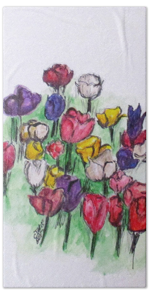 Tulips Beach Towel featuring the painting Tulip Bed by Clyde J Kell