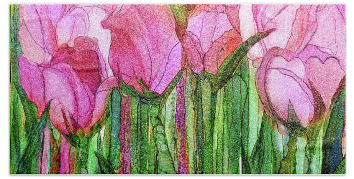 Carol Cavalaris Beach Sheet featuring the mixed media Tulip Bloomies 3 - Pink by Carol Cavalaris