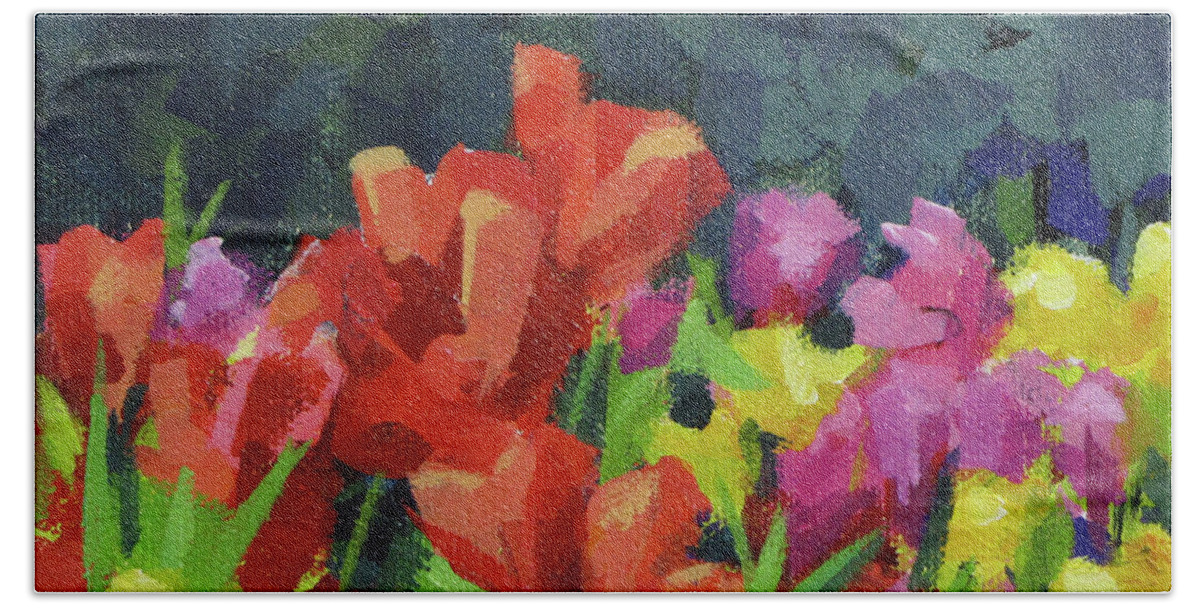 Tulips Beach Towel featuring the painting Tulip Time by Karen Ilari