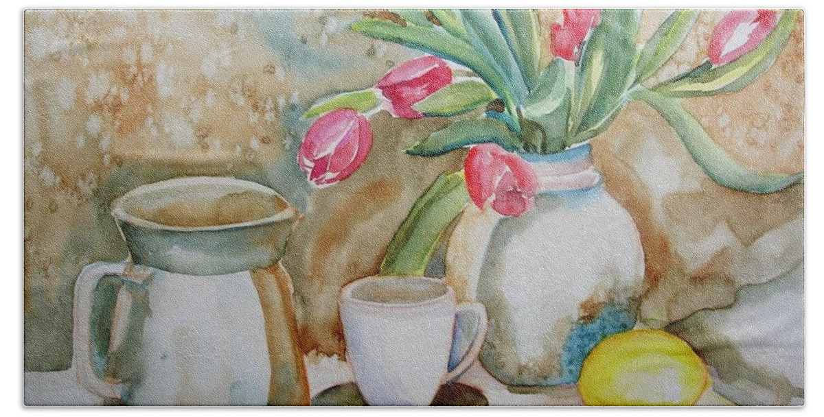 Nature Morte Avec Tulips Beach Towel featuring the painting Tulipes by Kim PARDON