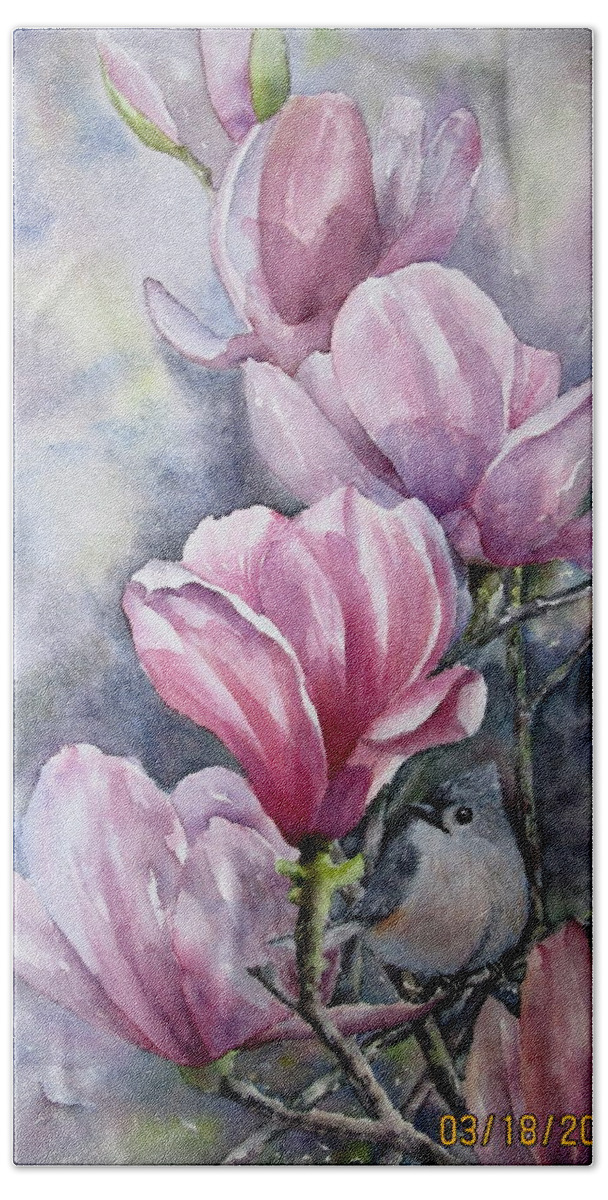 Tulip Tree Blossoms Beach Sheet featuring the painting Tulips and Titmouse by Mary McCullah