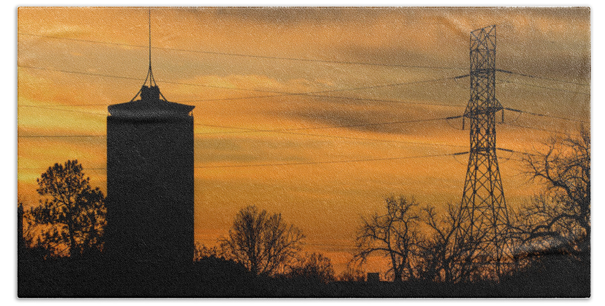 Tulsa Skyline Beach Towel featuring the photograph Tulsa Silhouettes and Golden Skies - University Tower Morning by Gregory Ballos