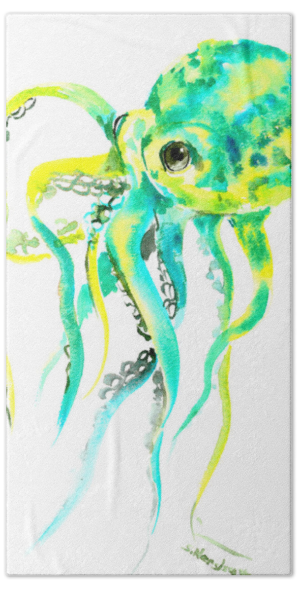 Turquoise Art Beach Sheet featuring the painting Turquoise Green Octopus by Suren Nersisyan