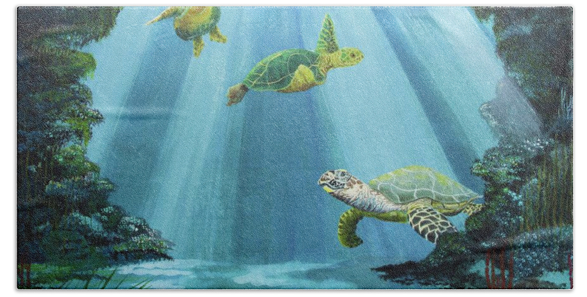 Turtle Beach Towel featuring the painting Turtle Reef by Kris Crollard