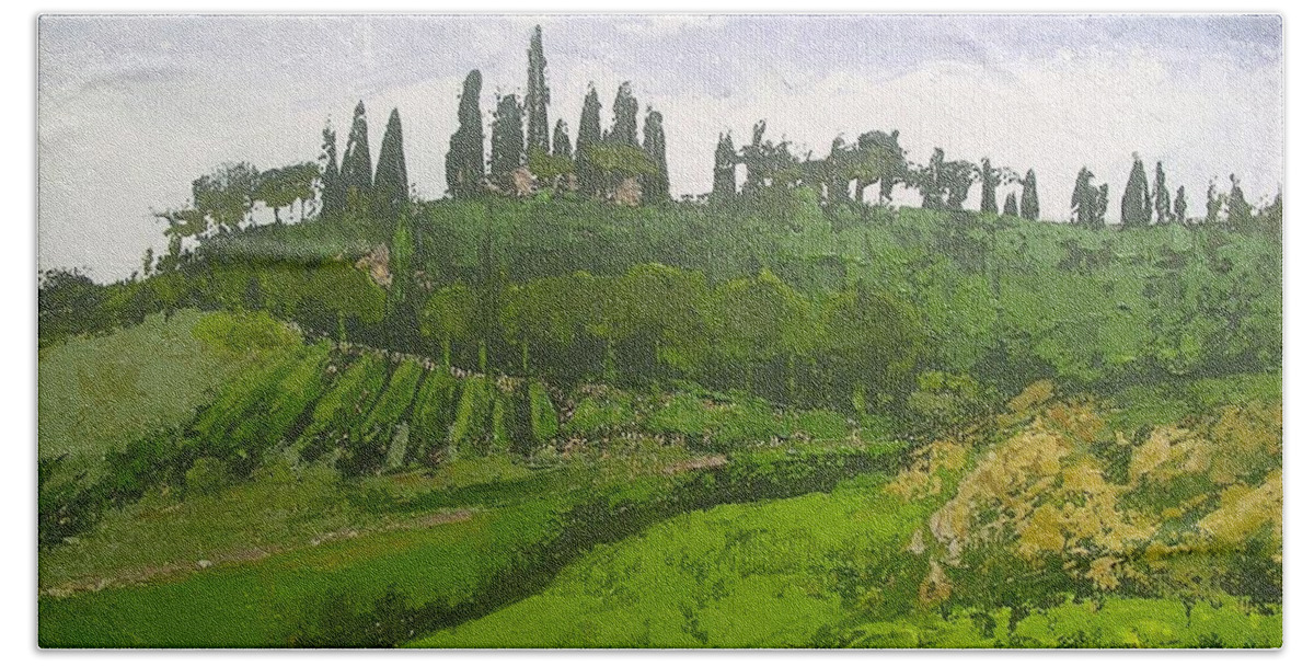 Tuscan Hillside Beach Towel featuring the painting Tuscan Villa Hillside by Chris Hobel