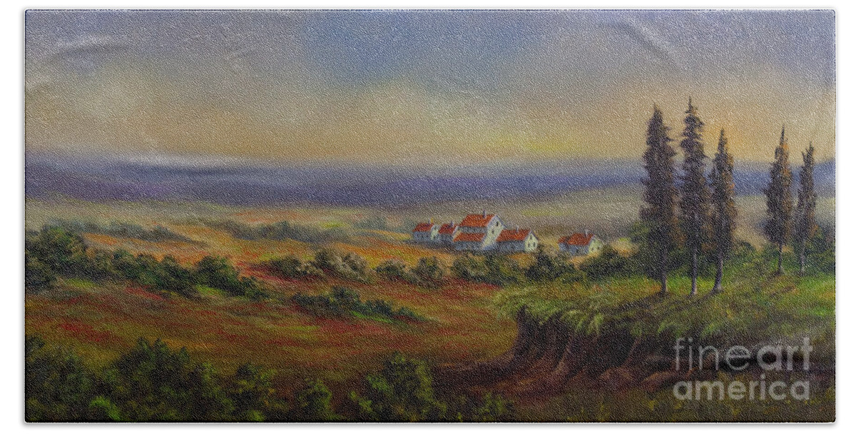 Tuscany Painting Beach Towel featuring the painting Tuscany at Dusk by Charlotte Blanchard