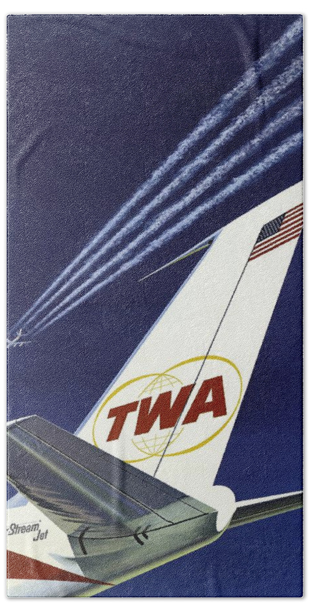 Twa Star Stream Jet Beach Towel featuring the painting TWA Star Stream Jet - Minimalist Vintage Advertising Poster by Studio Grafiikka
