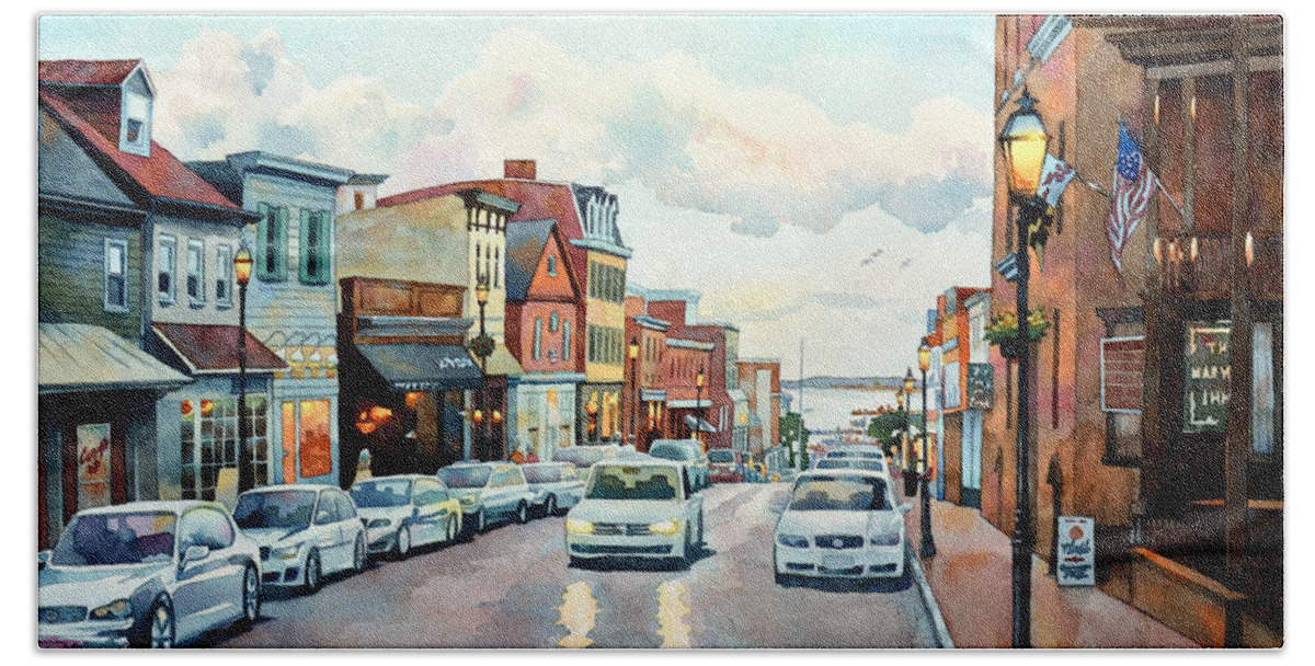 #watercolor #landscape #cityscape #annapolis #maryland #sunset #harbor #summer Beach Towel featuring the painting Twilight Annapolis by Mick Williams
