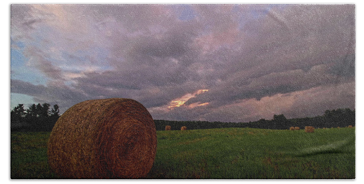 Landscape Beach Towel featuring the photograph Twilight Hay Bale by Jerry LoFaro