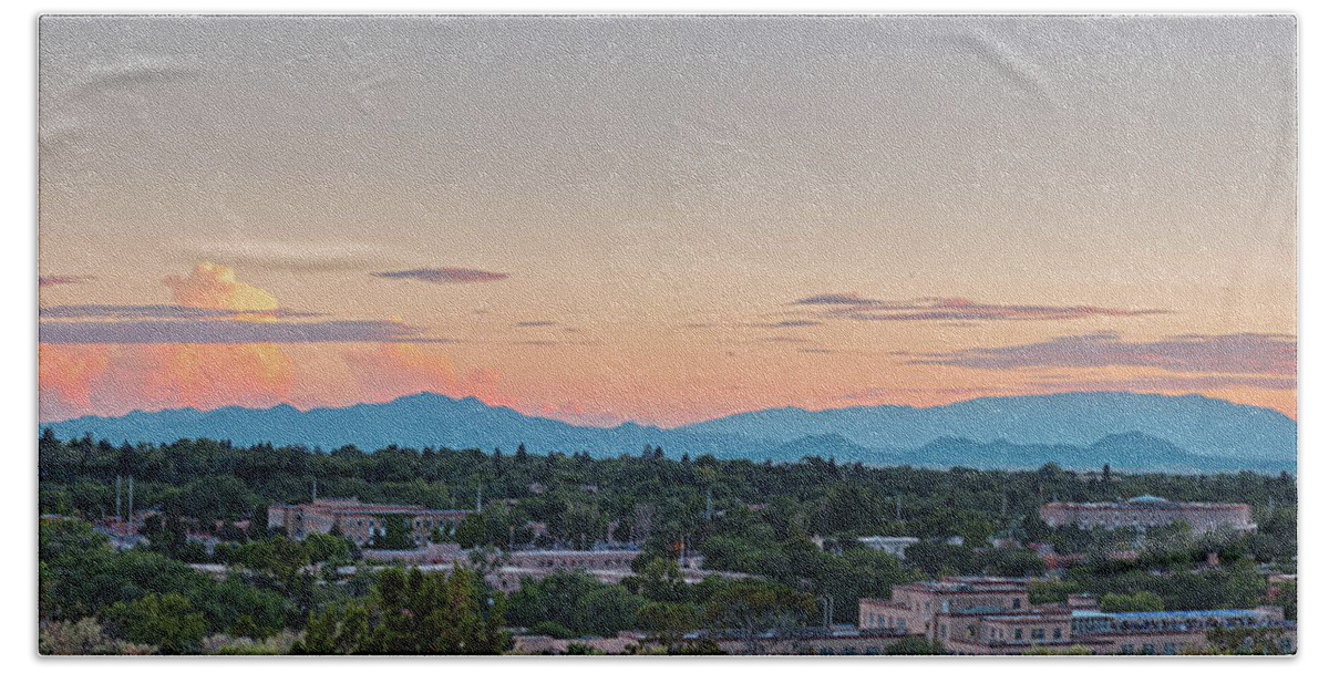 Santa Fe Beach Towel featuring the photograph Twilight Panorama of Santa Fe Cityscape with Sandia Mountains in the Background - New Mexico by Silvio Ligutti