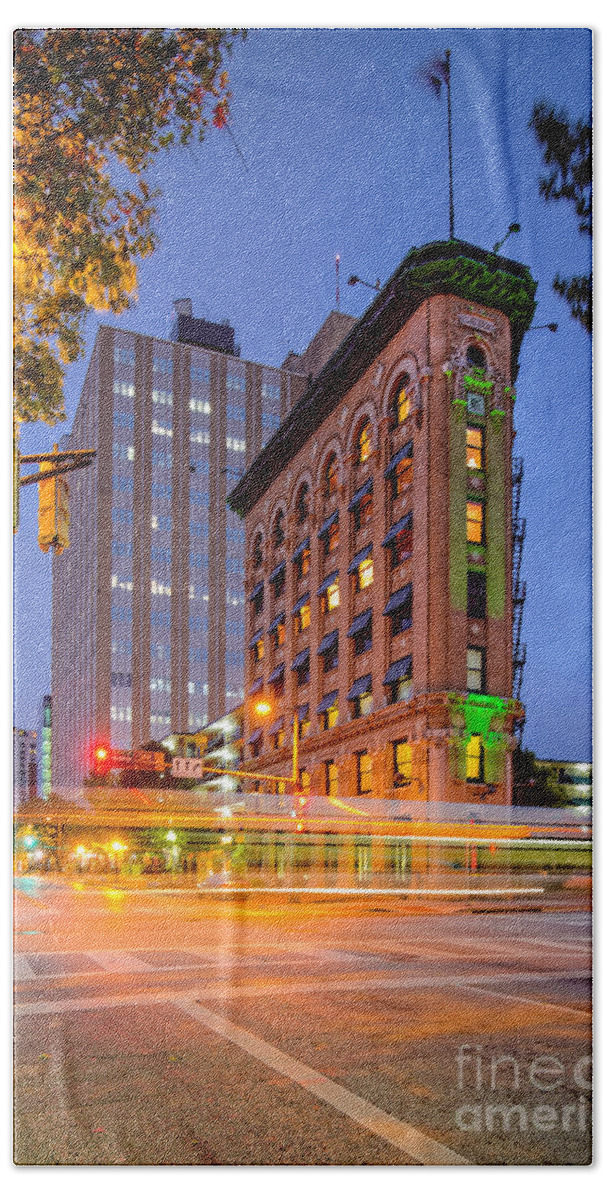 Downtown Beach Towel featuring the photograph Twilight Photograph of the Flatiron Building in Downtown Fort Worth - Texas by Silvio Ligutti